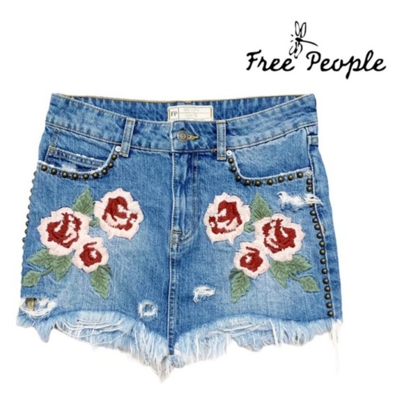 Free People Wild Rose Embroidered Jean Denim Skirt Size 25 - Picture 7 of 8